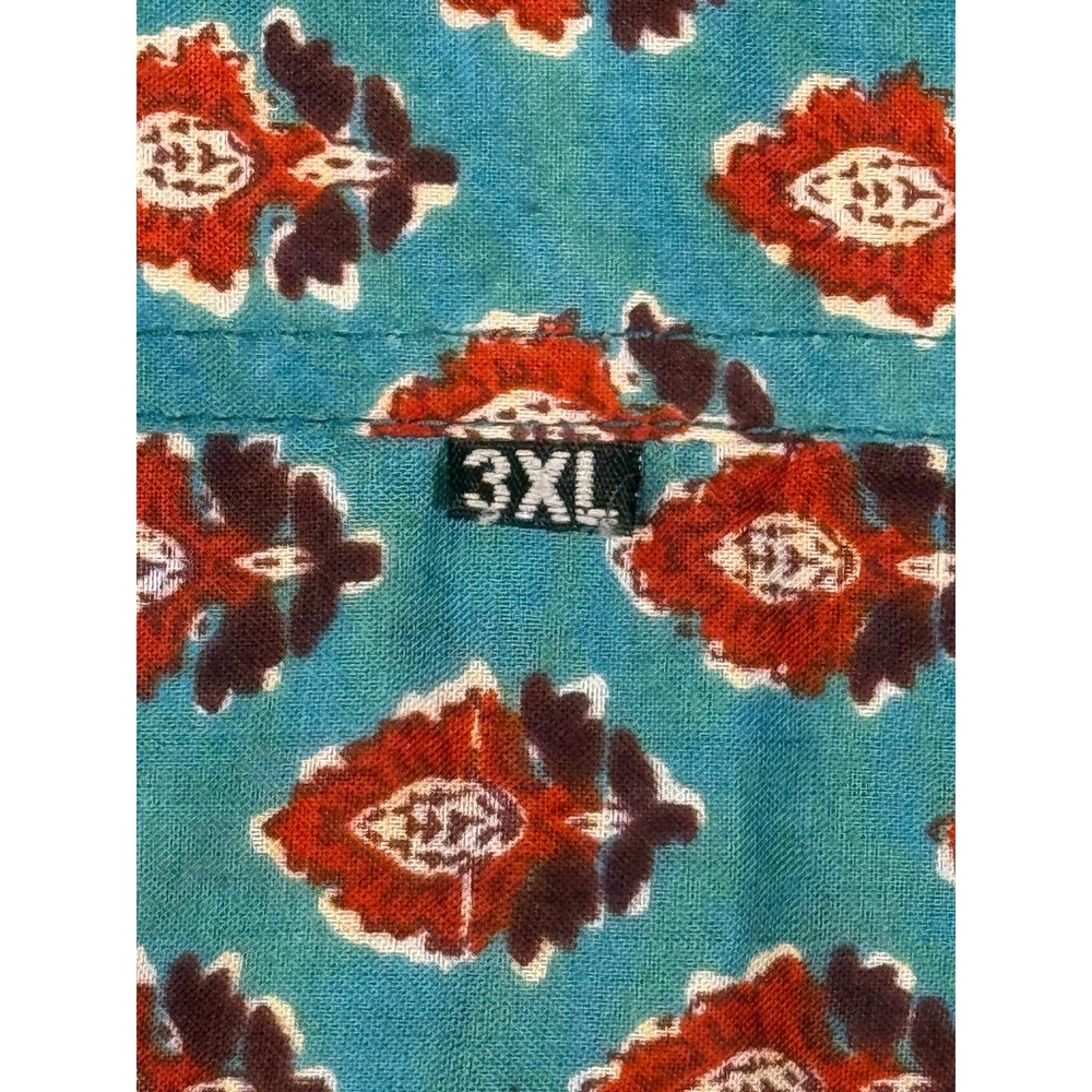 Mens Teal Blue Floral Block Print Short Sleeve Button Down Shirt Boho - Picture 5 of 7